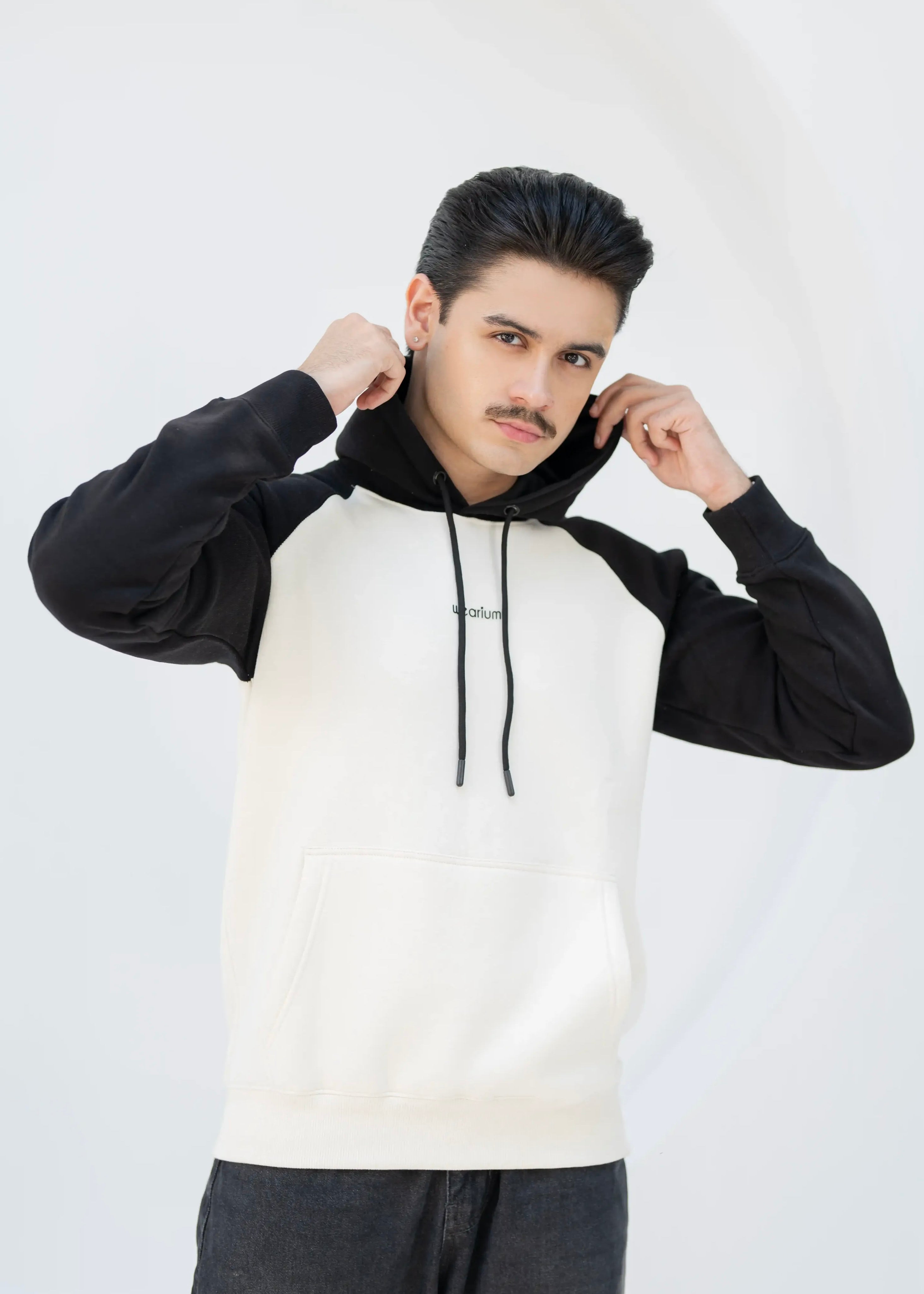Beige/Black Raglan Hoodie - Premium Cotton Fleece