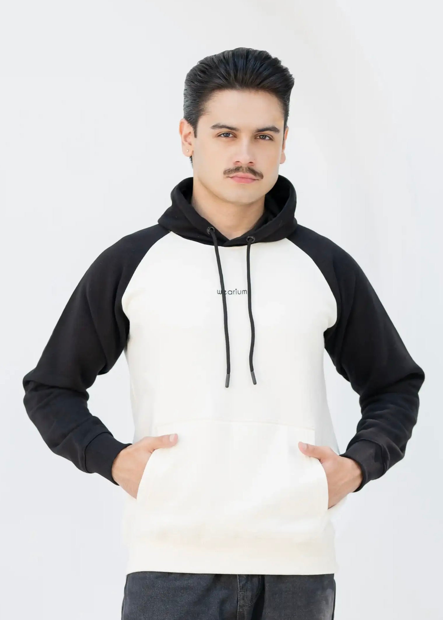 Beige/Black Raglan Hoodie - Premium Cotton Fleece