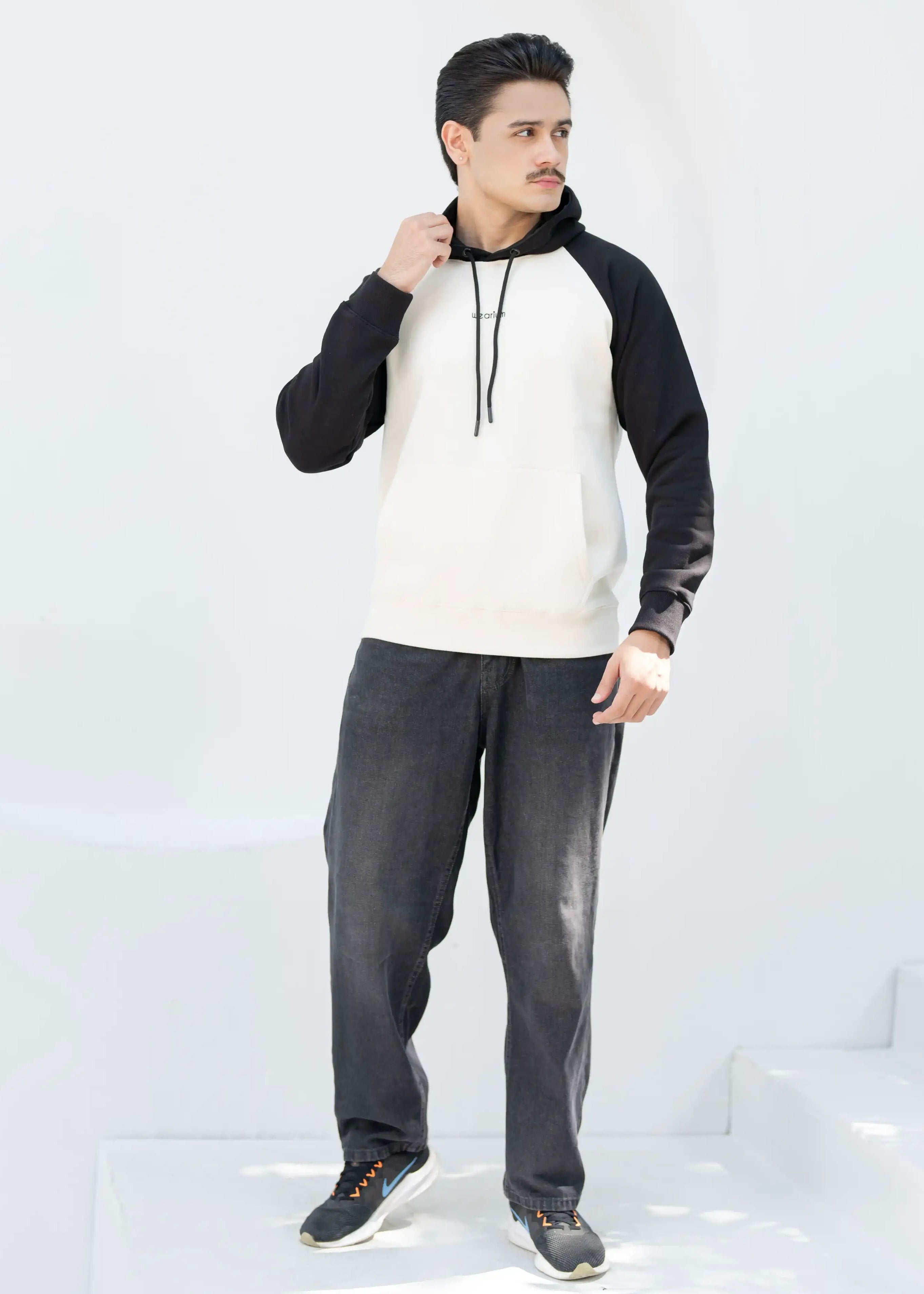 Beige/Black Raglan Hoodie - Premium Cotton Fleece