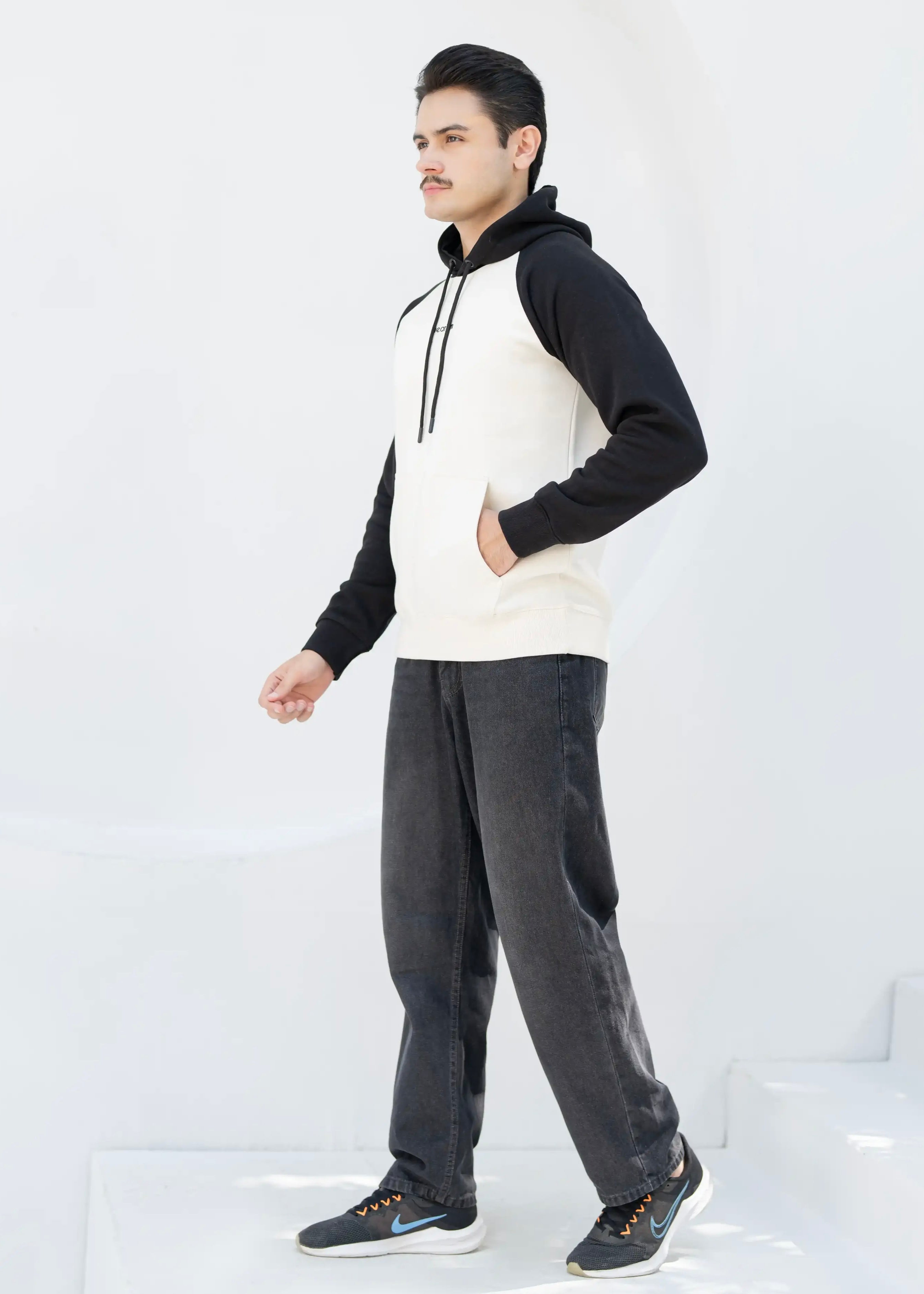 Beige/Black Raglan Hoodie - Premium Cotton Fleece